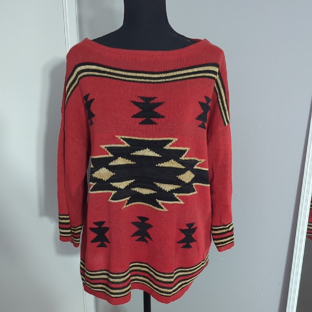Chaps Red and Black Off-the-Shoulder Sweater